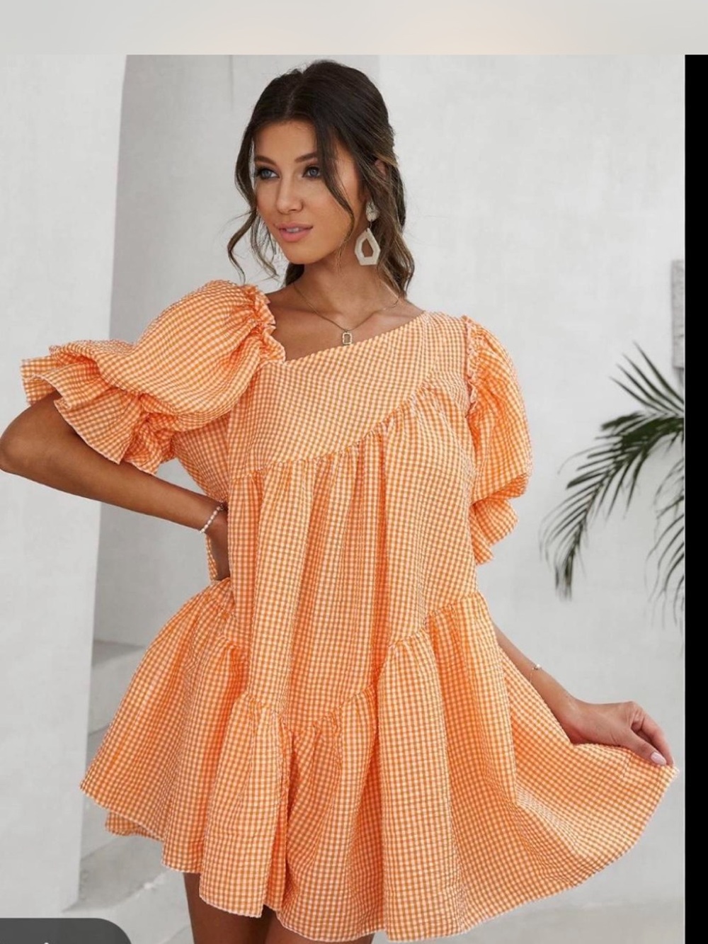 Simple Orange Gingham Puff-Sleeve Mini Dress
